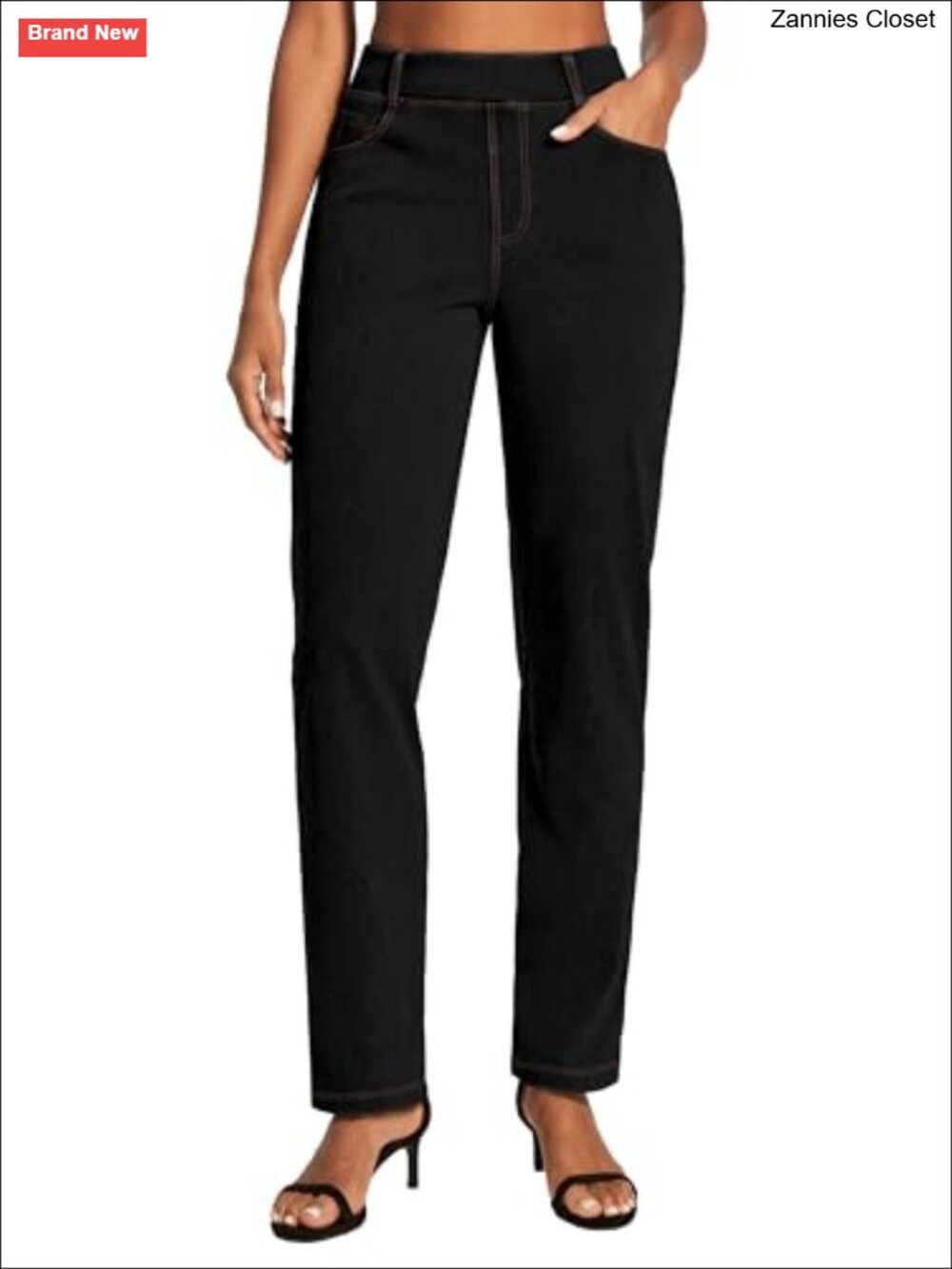 Pull On High Waisted Straight Leg Jeans Stretchy Denim Tummy Control